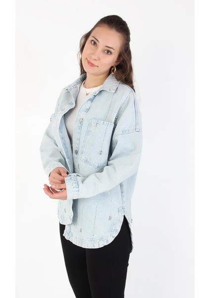 379 Çift Cep Damla Taşlı Kot Gömlek