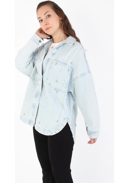 379 Çift Cep Damla Taşlı Kot Gömlek