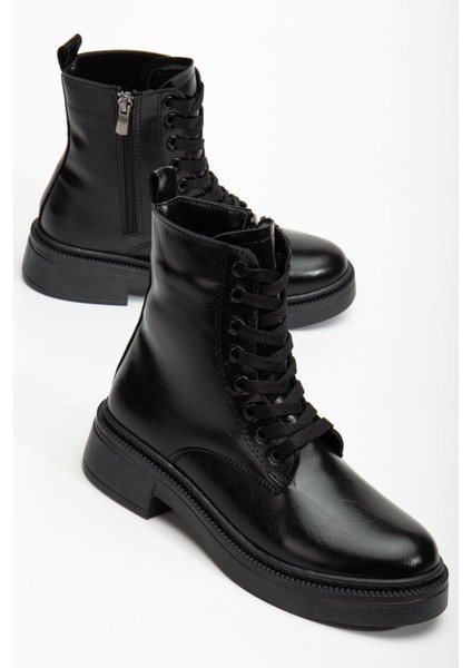 Kadın Parlak Günlük Siyah Cilt Kalın Tabanlı Postal Bot fiyatları