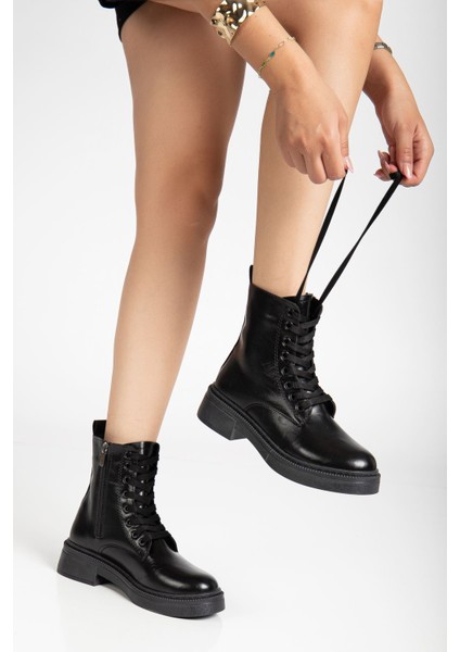 Kadın Parlak Günlük Siyah Cilt Kalın Tabanlı Postal Bot fırsatları