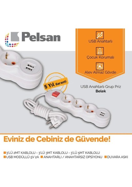 3’lü USB Anahtarlı 5metre Grup Priz Çocuk Korumalı Alev Almaz Gövde
