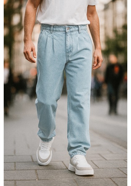 Erkek Pileli Yüksek Bel Bol Kesim Baggy Loose Fit Jean PANTOLON-C354