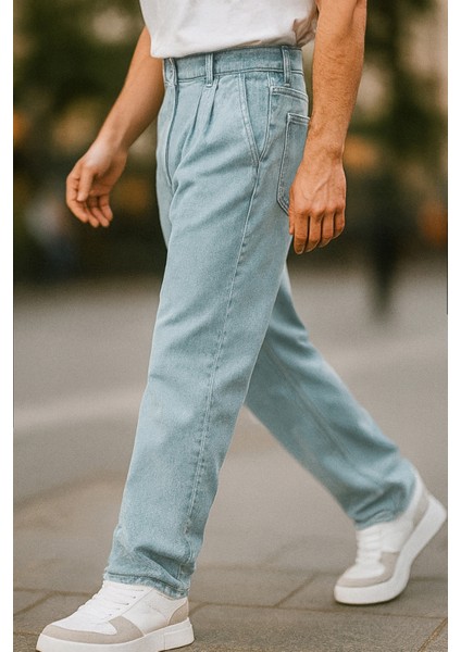 Erkek Pileli Yüksek Bel Bol Kesim Baggy Loose Fit Jean PANTOLON-C354