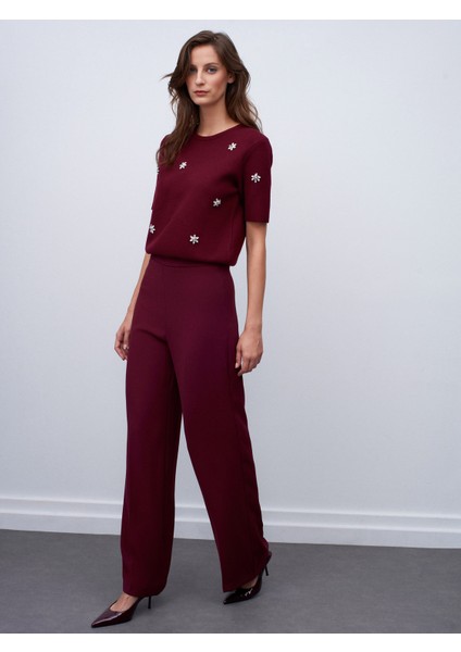 7535 Yanı Fermuarlı Bol Paça Pantolon-Bordo