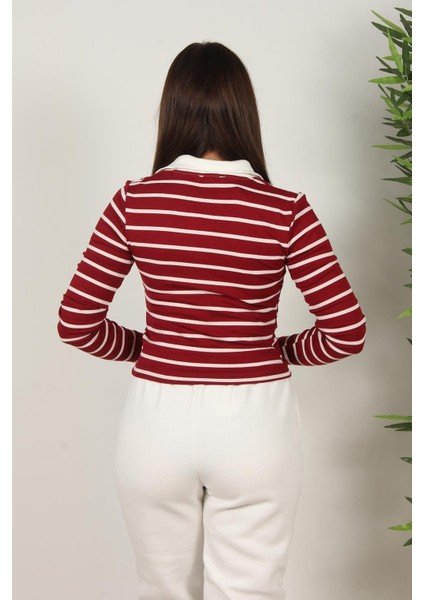 2659 Çizgili Yakalı Crop indirimleri