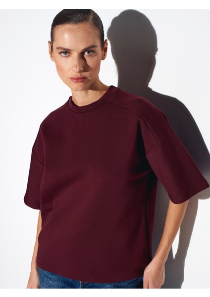 31975 Kısa Kollu Oversize T-Shirt-Bordo modelleri