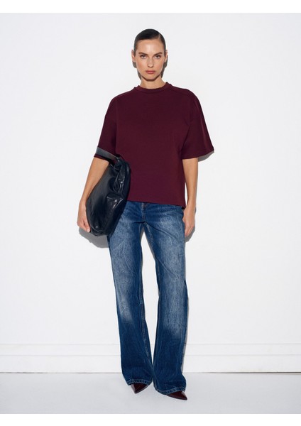 31975 Kısa Kollu Oversize T-Shirt-Bordo indirimleri