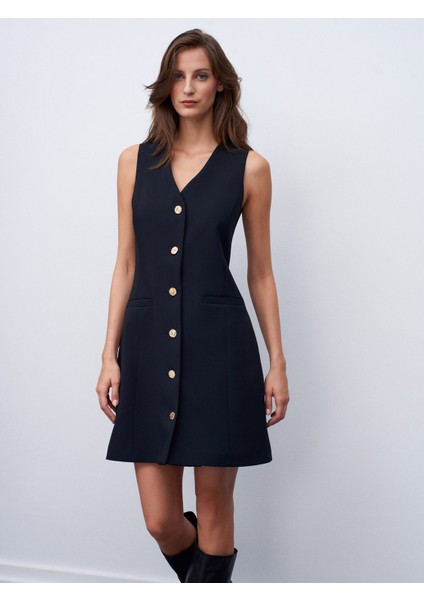 90930 V Yaka Düğmeli Elbise-Siyah modelleri