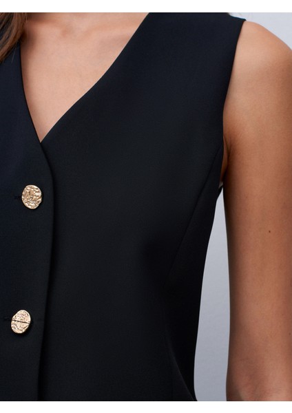 90930 V Yaka Düğmeli Elbise-Siyah fırsatları