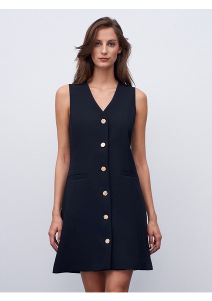 90930 V Yaka Düğmeli Elbise-Siyah indirimleri