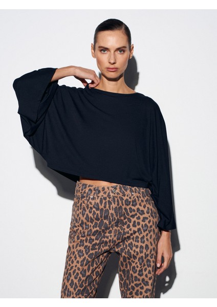 32270 Kayık Yaka Yarasa Kollu Top-Siyah