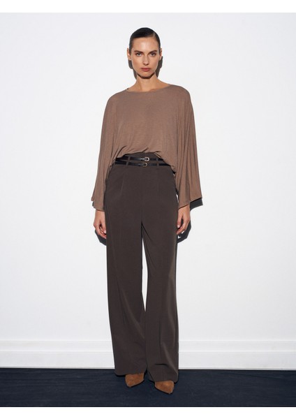 72197 Kemerli Yüksek Bel Pantolon-Koyu Vizon