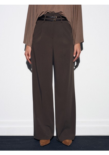 72197 Kemerli Yüksek Bel Pantolon-Koyu Vizon indirimleri