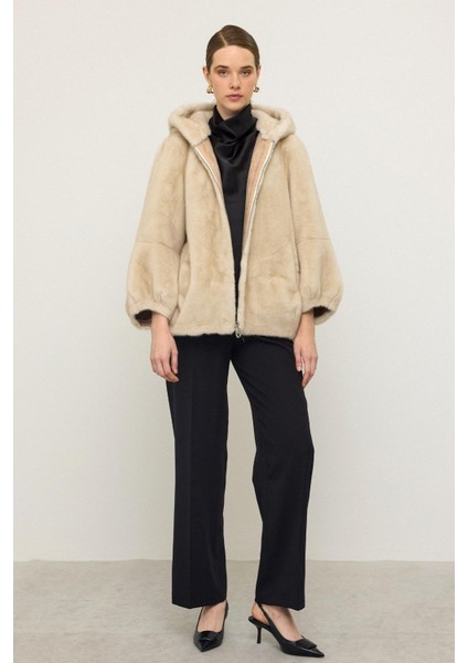Kapüşonlu Fermuar Kapamalı Kürk Görünümlü Exclusive Ceket Bej 1009 fiyatları