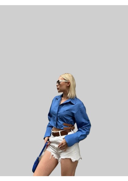 Gömlek Poplin Crop Yan Çift Kemer Detaylı - Mavi modelleri