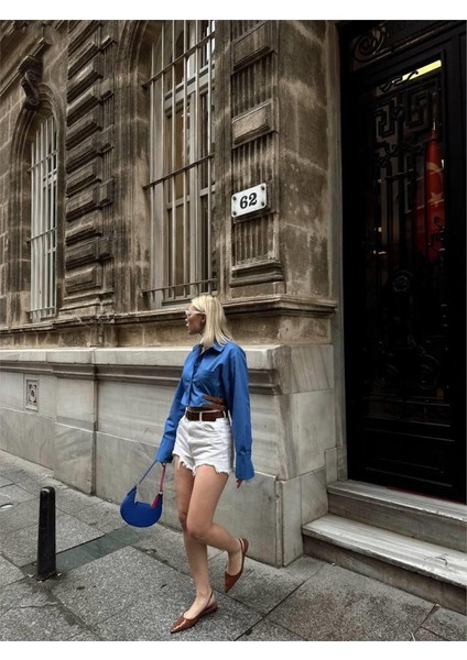 Gömlek Poplin Crop Yan Çift Kemer Detaylı - Mavi fırsatları