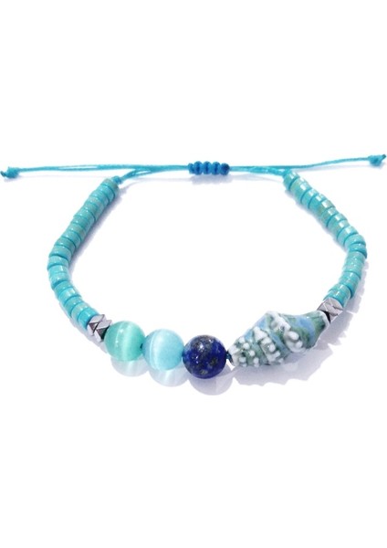 Lapis Lazuli Hematit ve Kedigözü Doğaltaşlı Seramik Deniz Kabuklu Bileklik