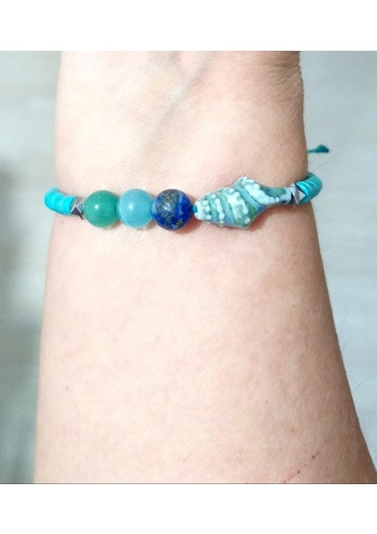 Lapis Lazuli Hematit ve Kedigözü Doğaltaşlı Seramik Deniz Kabuklu Bileklik
