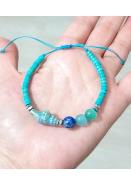 Lapis Lazuli Hematit ve Kedigözü Doğaltaşlı Seramik Deniz Kabuklu Bileklik