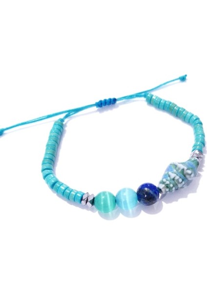 Lapis Lazuli Hematit ve Kedigözü Doğaltaşlı Seramik Deniz Kabuklu Bileklik