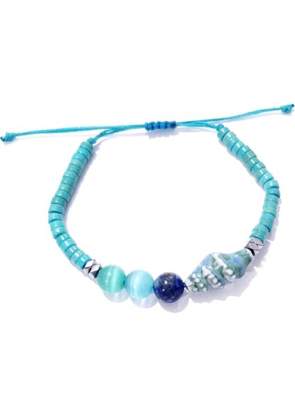 Lapis Lazuli Hematit ve Kedigözü Doğaltaşlı Seramik Deniz Kabuklu Bileklik