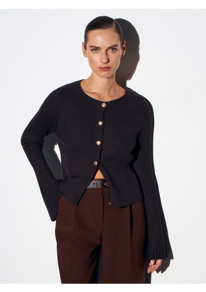 60246 Ispanyol Kol Triko Hırka-Koyu Kahve