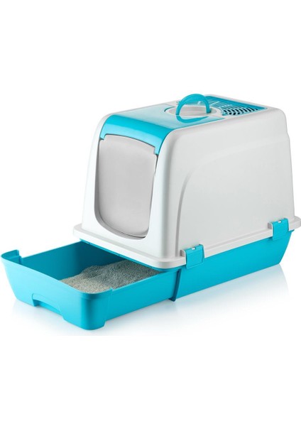 Kapalı Kedi Tuvaleti Orta Çekmeceli 57*40*47H Cm- Turkuaz