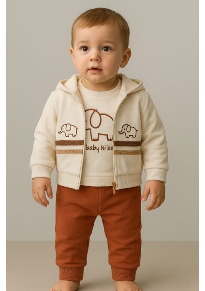 Erkek Bebek Fil Baskılı Kapüşonlu Hırkalı 3'lü Takım