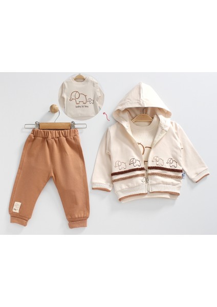 Erkek Bebek Fil Baskılı Kapüşonlu Hırkalı 3'lü Takım fiyatları