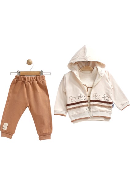 Erkek Bebek Fil Baskılı Kapüşonlu Hırkalı 3'lü Takım modelleri