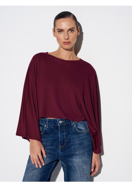 32270 Kayık Yaka Yarasa Kollu Top-Bordo