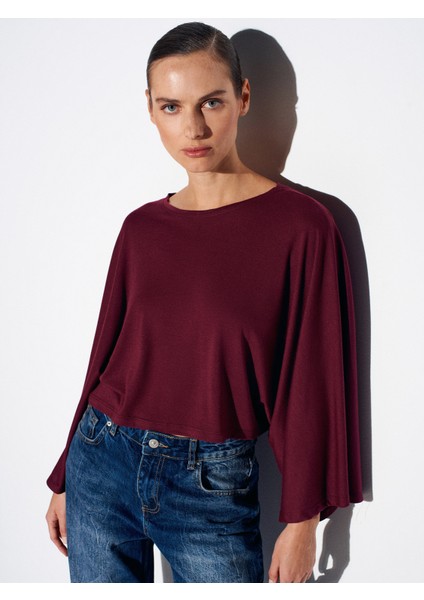 32270 Kayık Yaka Yarasa Kollu Top-Bordo modelleri