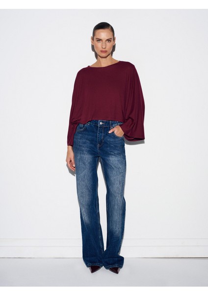 32270 Kayık Yaka Yarasa Kollu Top-Bordo indirimleri