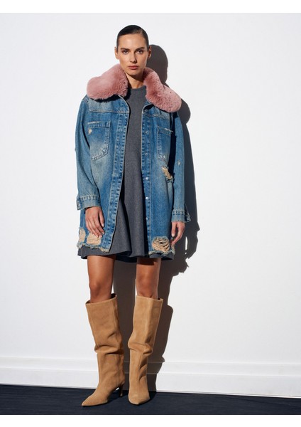 65378 %100 Pamuk Çıkarılabilir Kürklü Kot Ceket-Tint