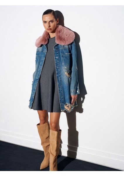 65378 %100 Pamuk Çıkarılabilir Kürklü Kot Ceket-Tint modelleri