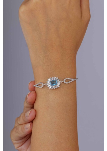 Elmas Montür Aqua Renk Dikdörtgen Taşlı Gümüş Bileklik fiyatları