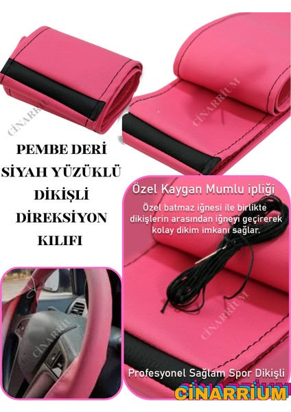 Ford Smax Pembe Yerli Üretim Suni Deri Siyah Yüzüklü Dikişli Direksiyon Kılıfı