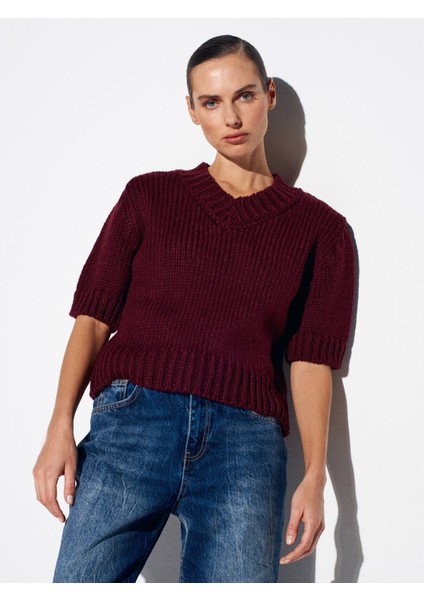 10831 V Yaka Kısa Kollu Triko Kazak-Bordo