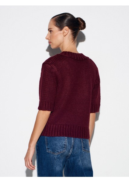 10831 V Yaka Kısa Kollu Triko Kazak-Bordo fiyatları