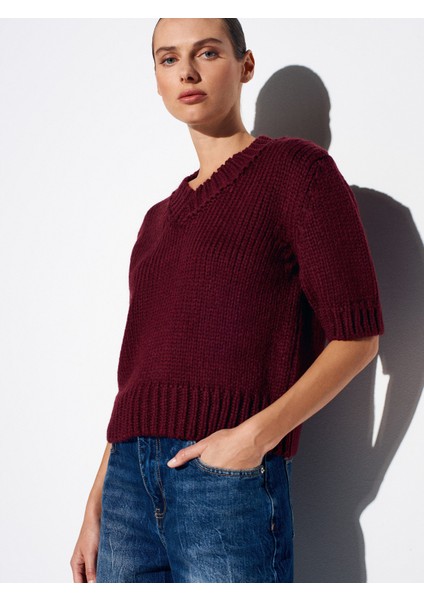 10831 V Yaka Kısa Kollu Triko Kazak-Bordo modelleri