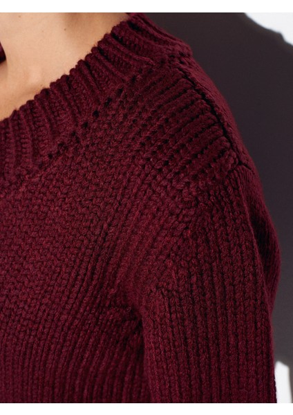 10831 V Yaka Kısa Kollu Triko Kazak-Bordo fırsatları