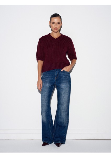 10831 V Yaka Kısa Kollu Triko Kazak-Bordo indirimleri