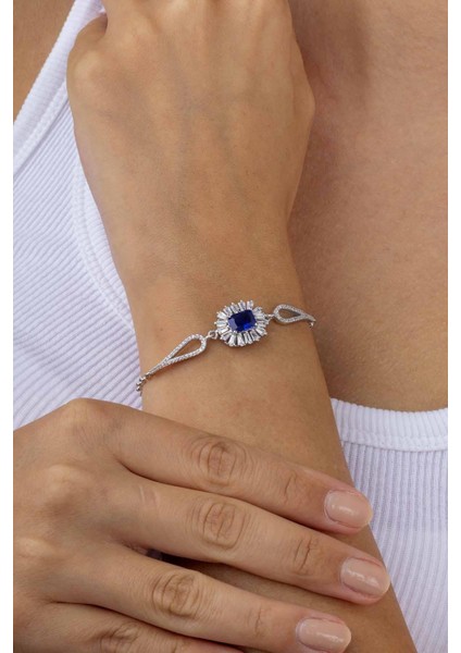 Elmas Montür Safir Dikdörtgen Taşlı Gümüş Bileklik