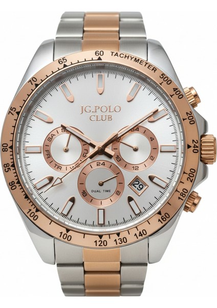 Jg. Polo Club Erkek Kol Saati Altın ve Gümüş Renk, Beyaz Kadran - Şık Metal Kordon, 2 Yıl Garantili