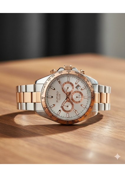 Jg. Polo Club Erkek Kol Saati Altın ve Gümüş Renk, Beyaz Kadran - Şık Metal Kordon, 2 Yıl Garantili fiyatları