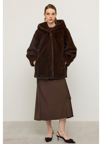 Kapüşonlu Kürk Görünümlü Exclusive Uzun Ceket K. Kahve 1008