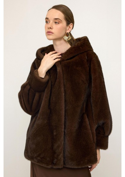 Kapüşonlu Kürk Görünümlü Exclusive Uzun Ceket K. Kahve 1008 fiyatları
