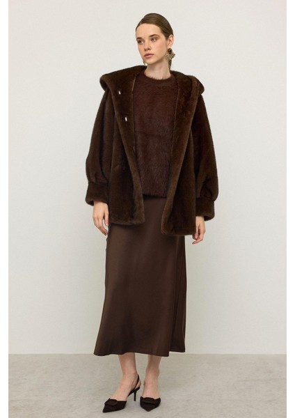 Kapüşonlu Kürk Görünümlü Exclusive Uzun Ceket K. Kahve 1008 modelleri