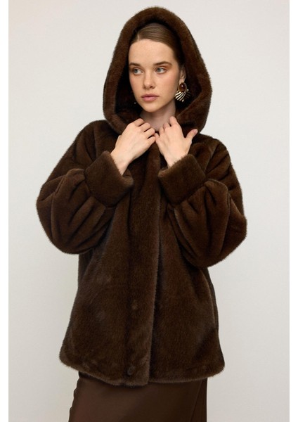 Kapüşonlu Kürk Görünümlü Exclusive Uzun Ceket K. Kahve 1008 fırsatları