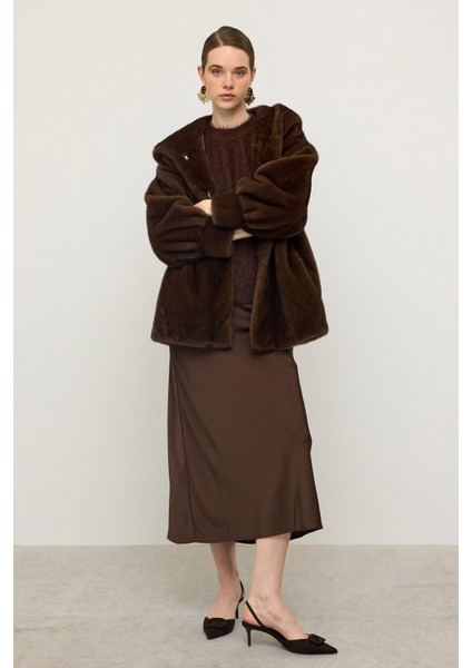 Kapüşonlu Kürk Görünümlü Exclusive Uzun Ceket K. Kahve 1008 indirimleri